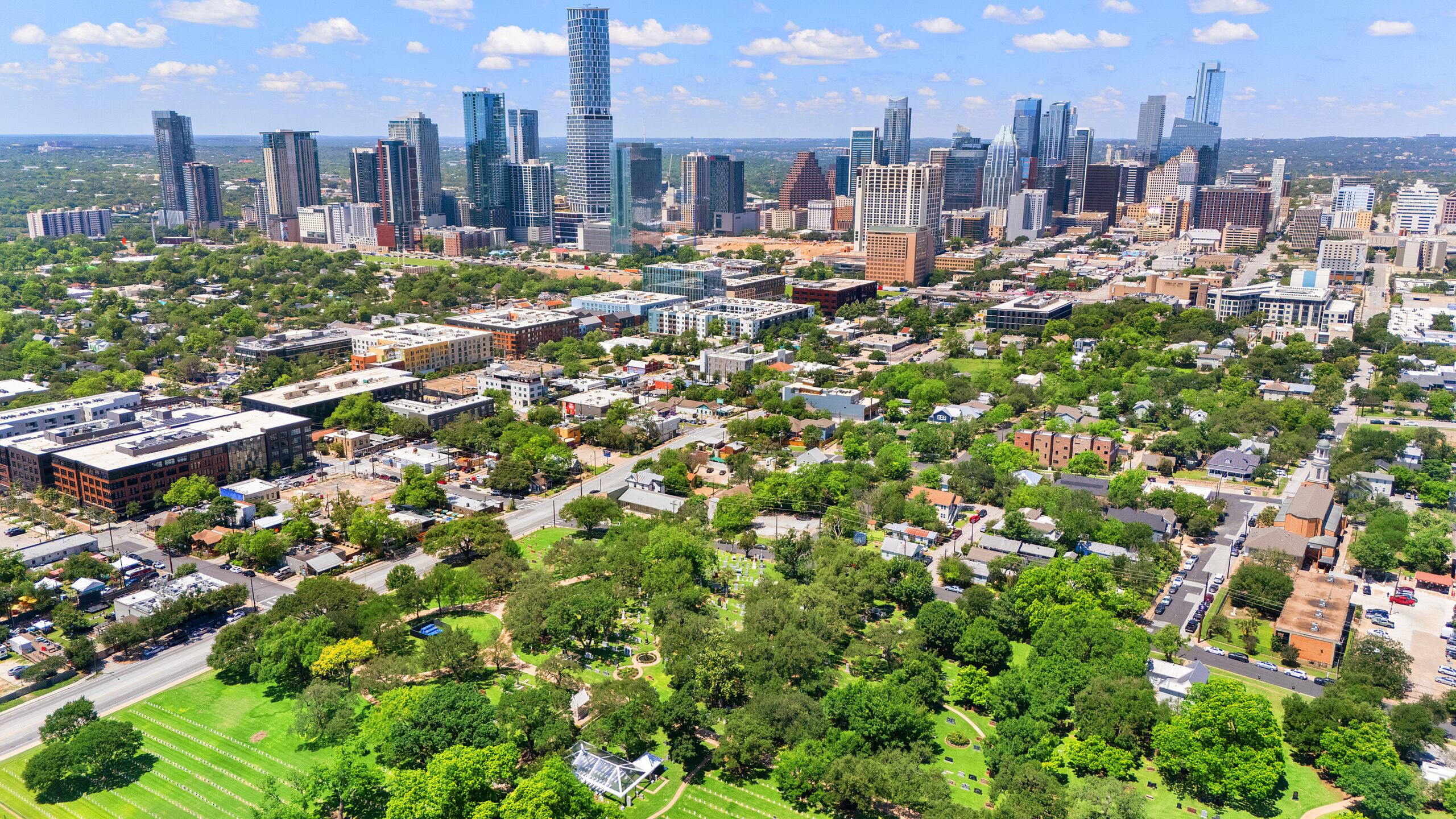 Aerial drone view of downtown Austin Texas skyline captured for real estate and commercial photography marketing