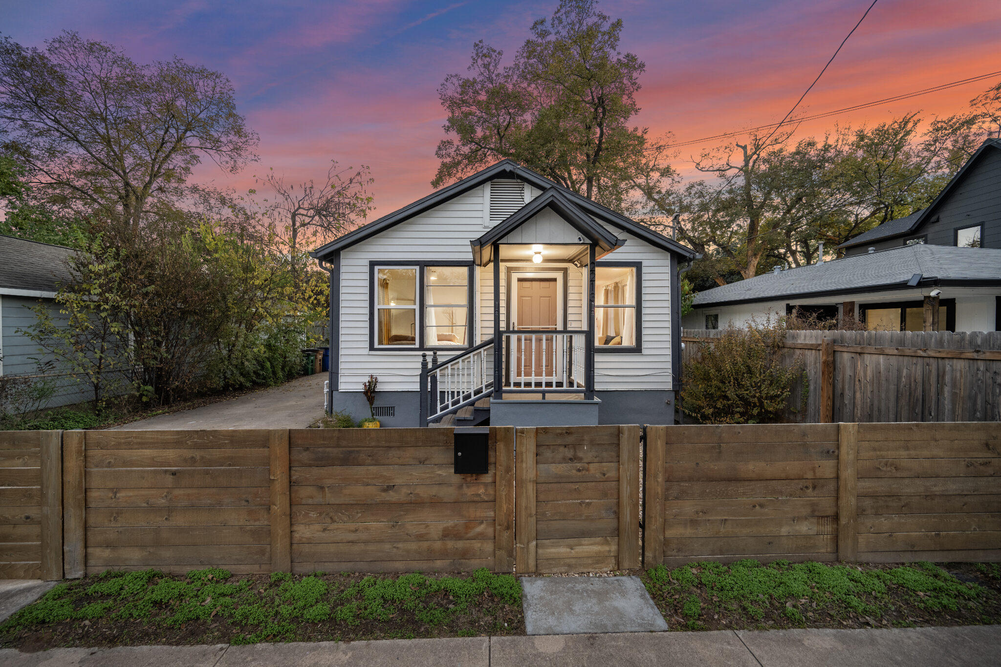 Twilight front exterior of a Central Texas home, representing ATXPhotoDude media packages