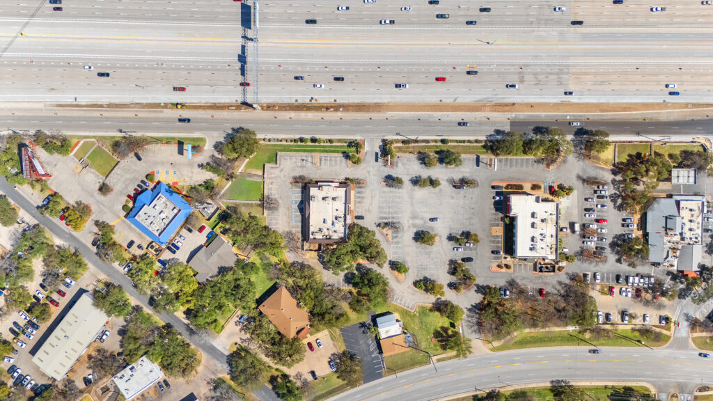 Austin commercial real estate photography featuring an aerial drone top view of a commercial property captured by an FAA-certified drone pilot.