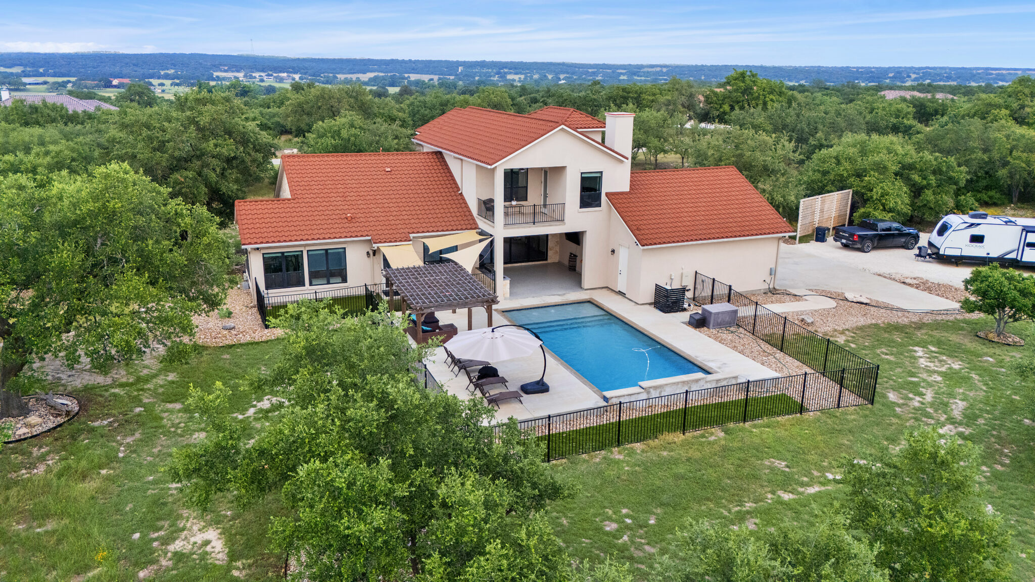 Drone aerial photograph of a Central Texas property showing lot boundaries and surrounding terrain