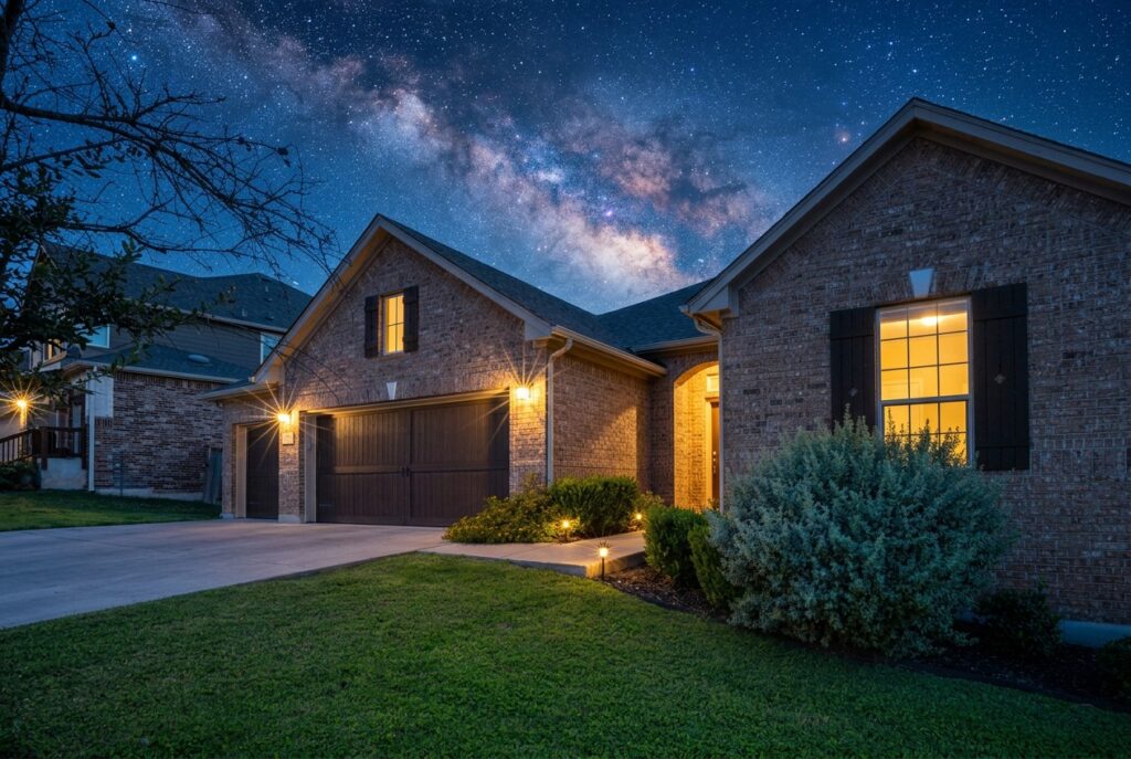 Blue hour exterior real estate photography with the Milky Way in Round Rock Texas