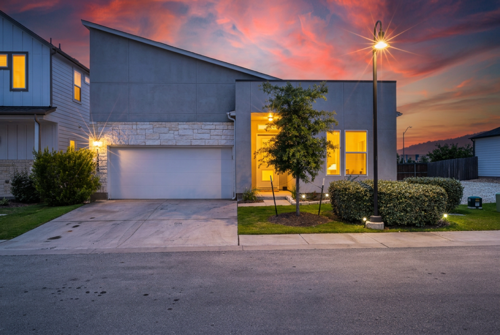 Front exterior twilight real estate photography of a home in Round Rock Texas